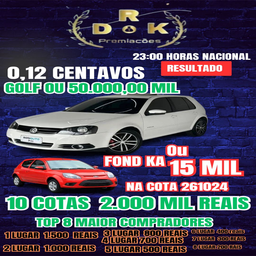 0,12 CENTAVOS PARA Golf ou 50 mil reais mais cota premiada valendo um carro