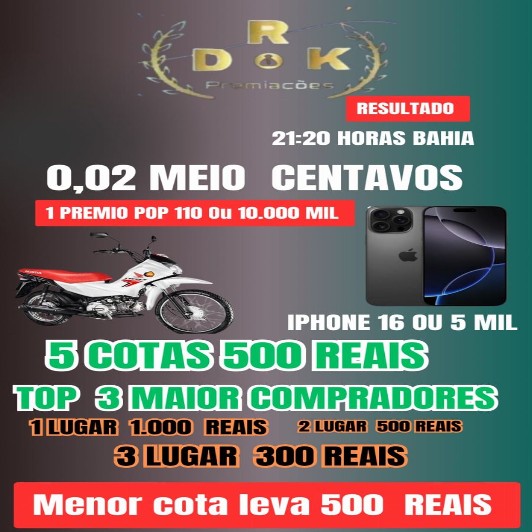 Só apenas 0,02 CENTAVOS PARA POP 110 MAIS IPHONE 16 OU VALOR NO PIX